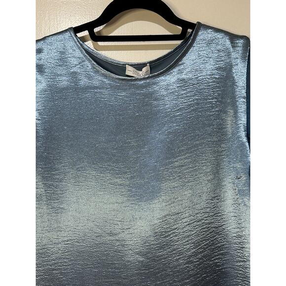 S'EDGE Easton Dress Metallic Blue Sateen Size Small NWT Tiered Short Sleeves - Picture 4 of 15